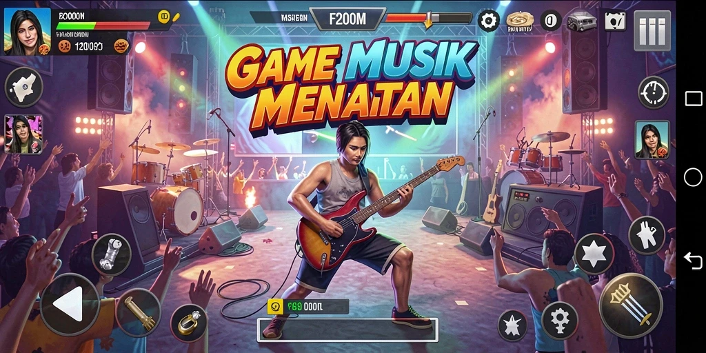 Tampilan gameplay seru dari F200M, penuh dengan musik dan tantangan.