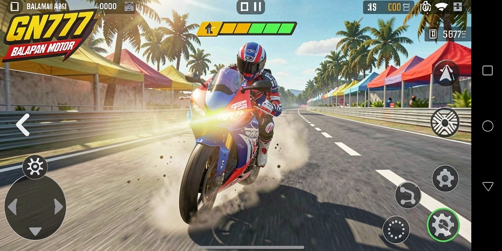 Screenshot gameplay GN777 yang menunjukkan balapan motor yang intens.