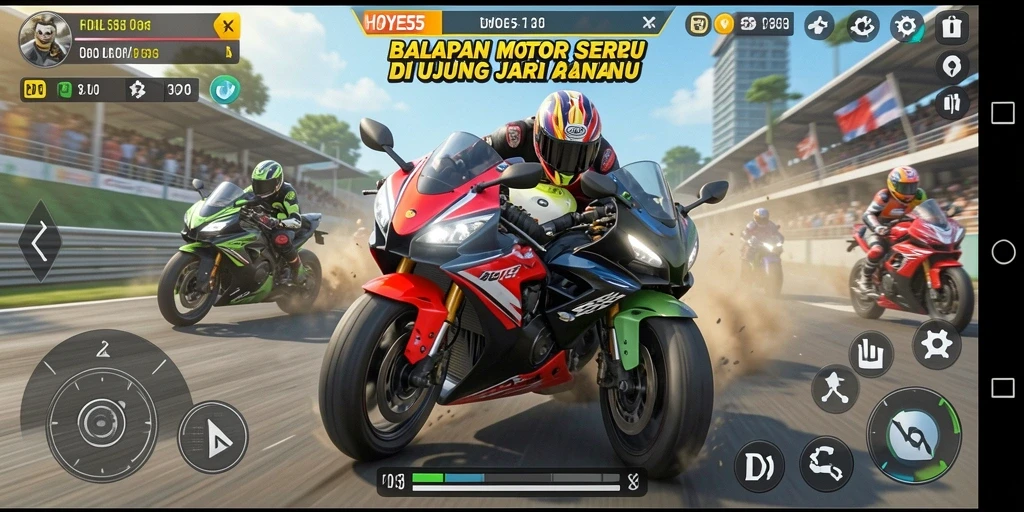 Tampilan gameplay mendebarkan dalam balapan motor HOYE55.