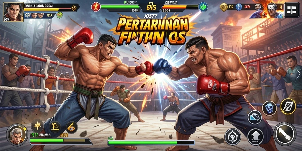 Screenshot utama JOS77 menampilkan aksi pertarungan yang mendebarkan.
