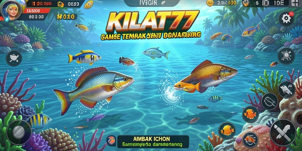 Tampilan gameplay KILAT77 dengan ikan berwarna-warni yang bisa ditembak.