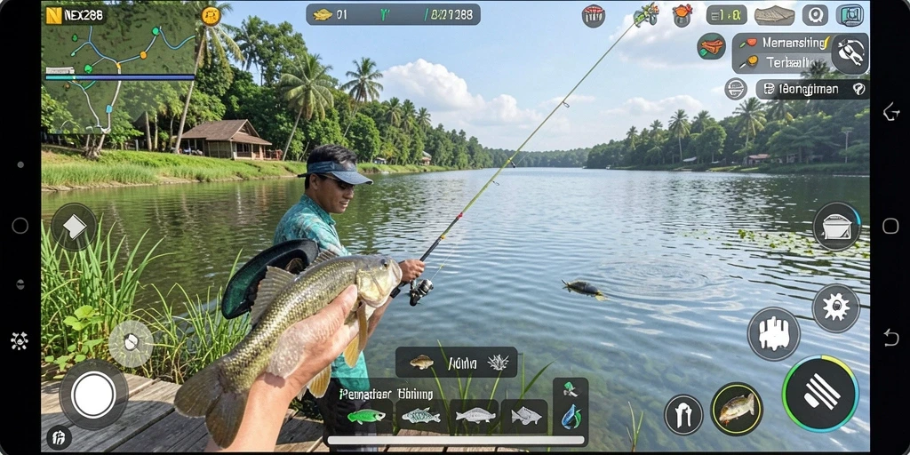 Gameplay NEX288 yang menampilkan keindahan pemandangan saat memancing.