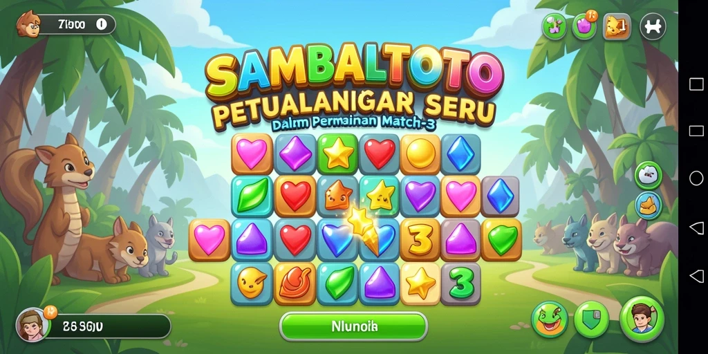 Menampilkan gameplay SAMBALTOTO yang seru dengan tantangan Match-3.