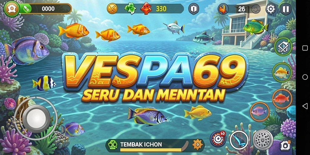 Tampilan gameplay VESPA69 menampilkan aksi menembak ikan yang seru.